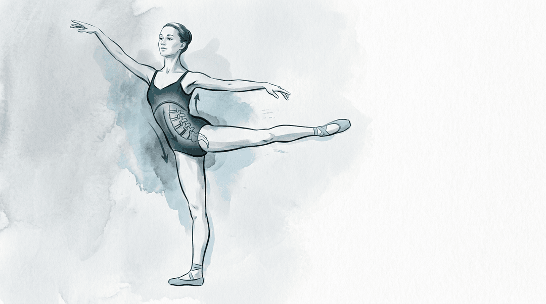 Illustrazione editoriale: lombalgia cronica nella danzatrice classica, lordosi e tratto L4-L5