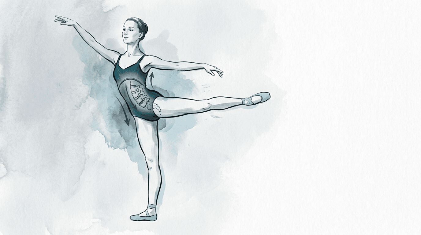 Illustrazione editoriale: lombalgia cronica nella danzatrice classica, lordosi e tratto L4-L5