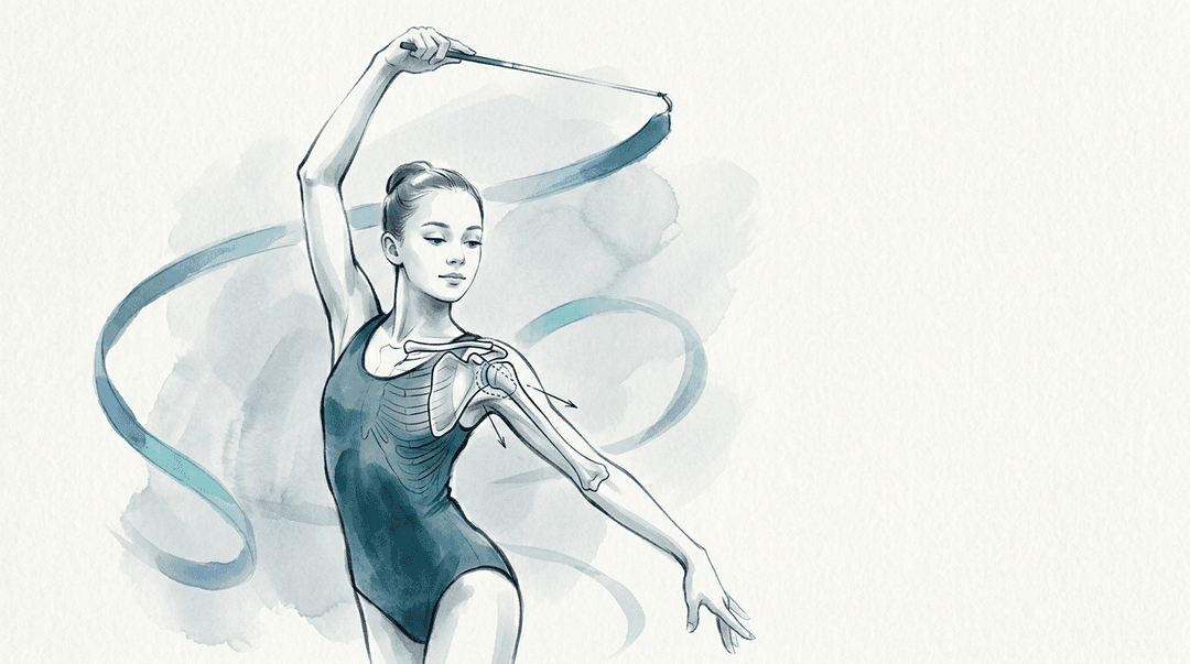 Illustrazione editoriale: spalla dolorosa nella ginnasta ritmica adolescente, lancio attrezzo