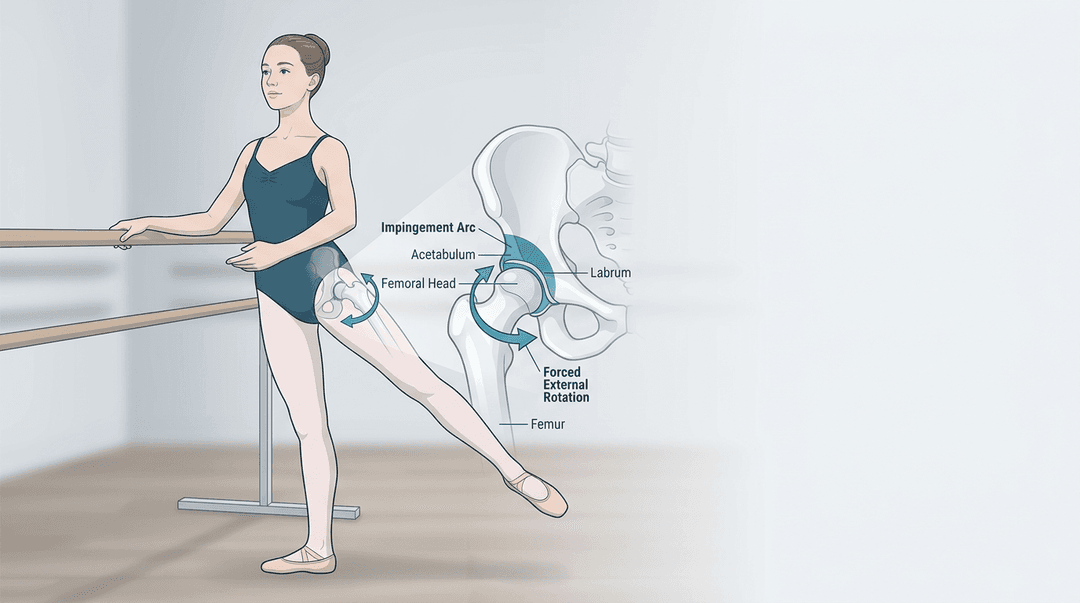 Illustrazione editoriale: conflitto femoro-acetabolare funzionale nella danzatrice classica adolescente
