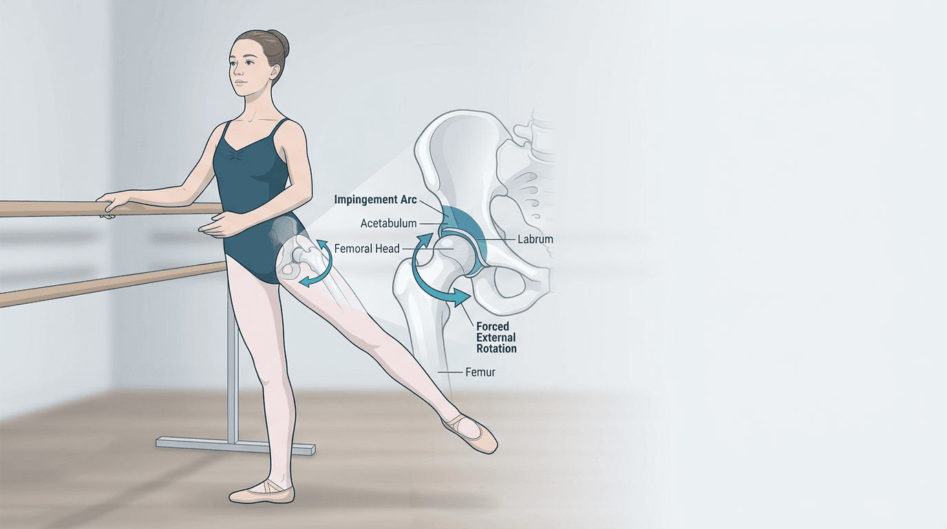 Illustrazione editoriale: conflitto femoro-acetabolare funzionale nella danzatrice classica adolescente