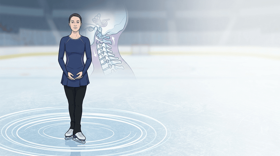 Illustrazione editoriale: cervicalgia e vertigine posizionale nella pattinatrice artistica, C1-C2