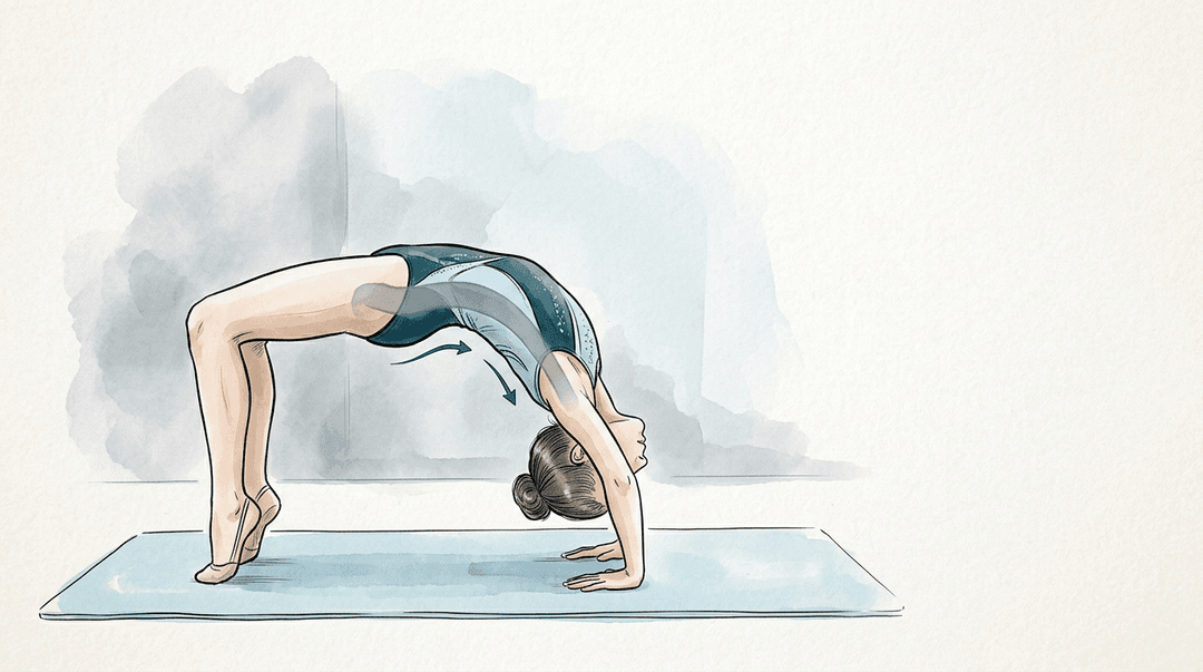 Illustrazione editoriale: dorsalgia e coste rigide nella ginnasta ritmica, tratto toracico