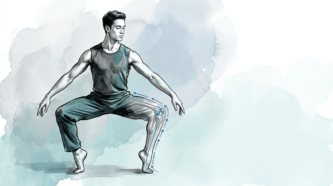 Illustrazione editoriale: sindrome femoro-rotulea nel ballerino di danza contemporanea, plié