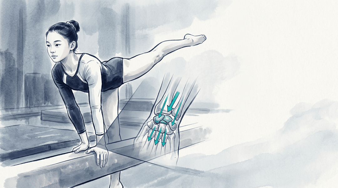 Illustrazione editoriale: polso doloroso nella ginnasta artistica adolescente, carico assiale