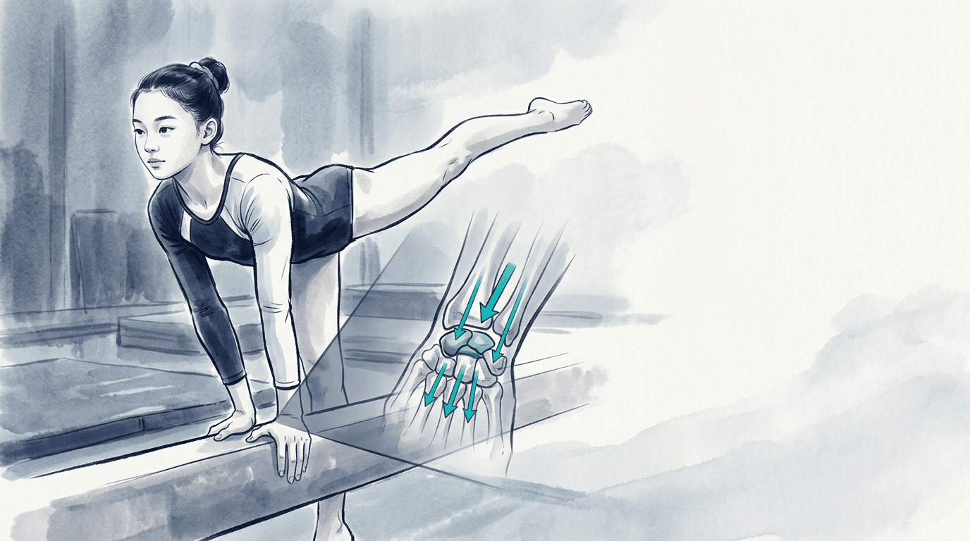 Illustrazione editoriale: polso doloroso nella ginnasta artistica adolescente, carico assiale