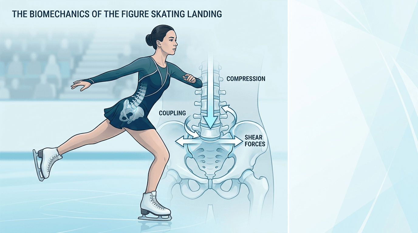 Illustrazione editoriale: sacroileite funzionale nella pattinatrice di ghiaccio, atterraggi monopodalici