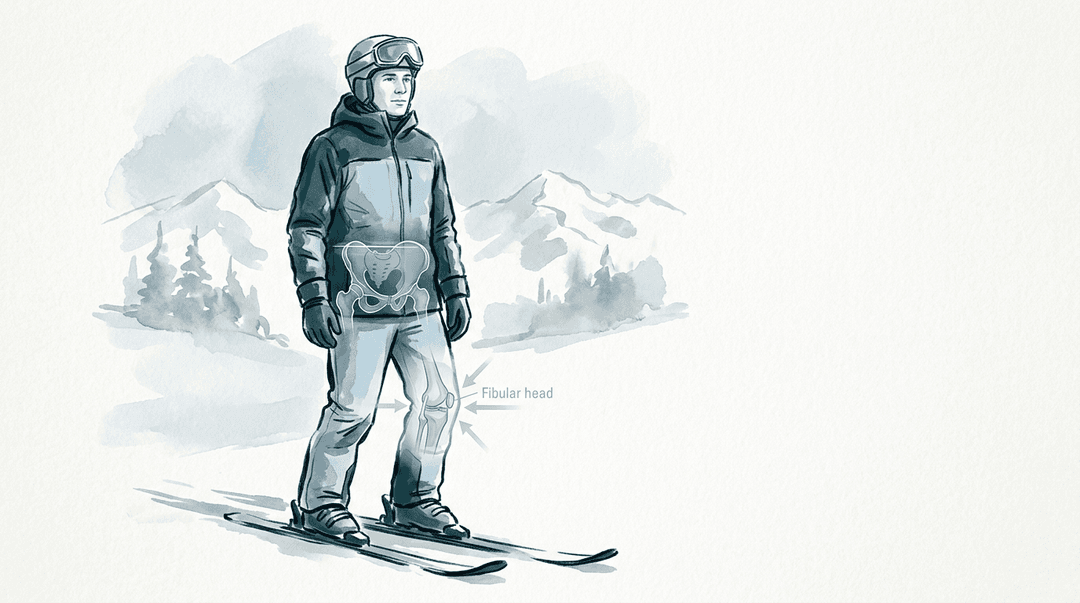 Illustrazione editoriale: gonalgia post-distorsione nello sciatore alpino, fibula e ileo