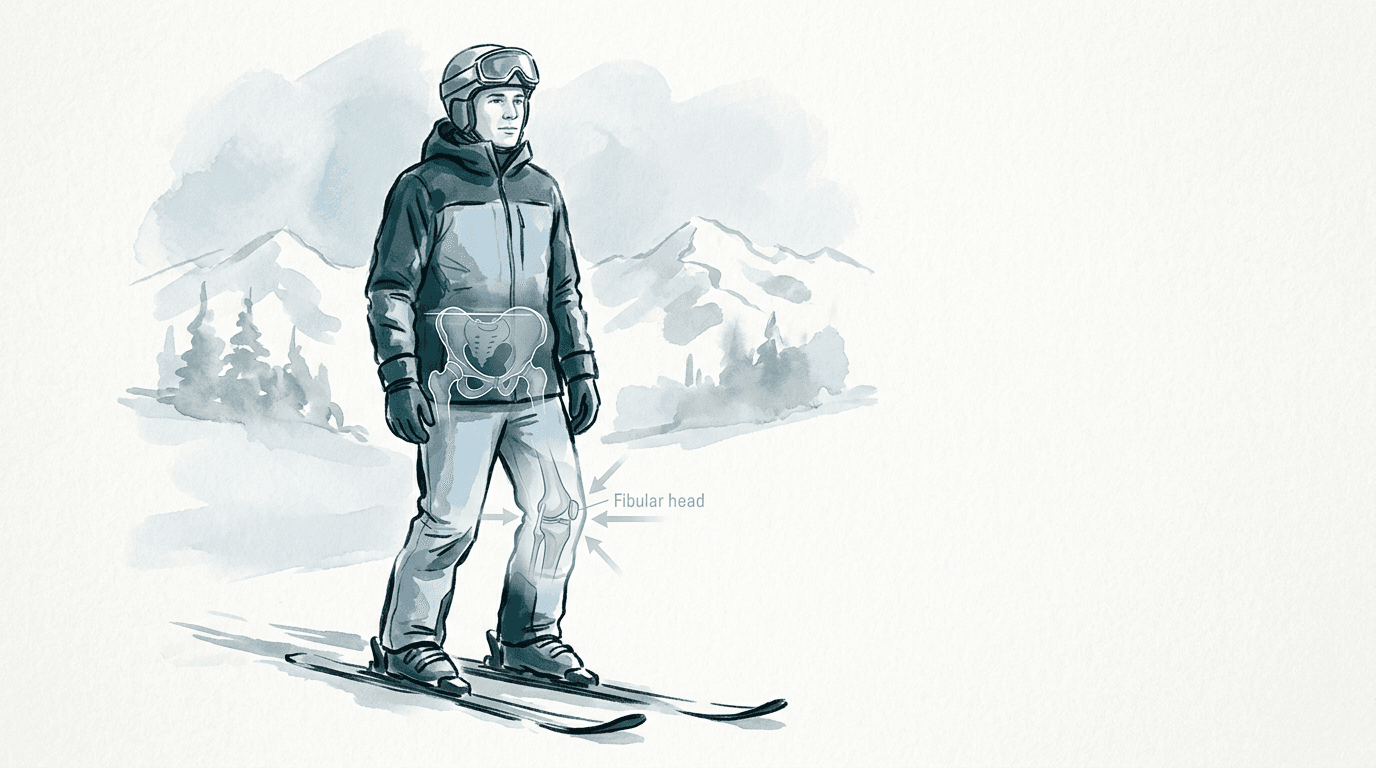 Illustrazione editoriale: gonalgia post-distorsione nello sciatore alpino, fibula e ileo