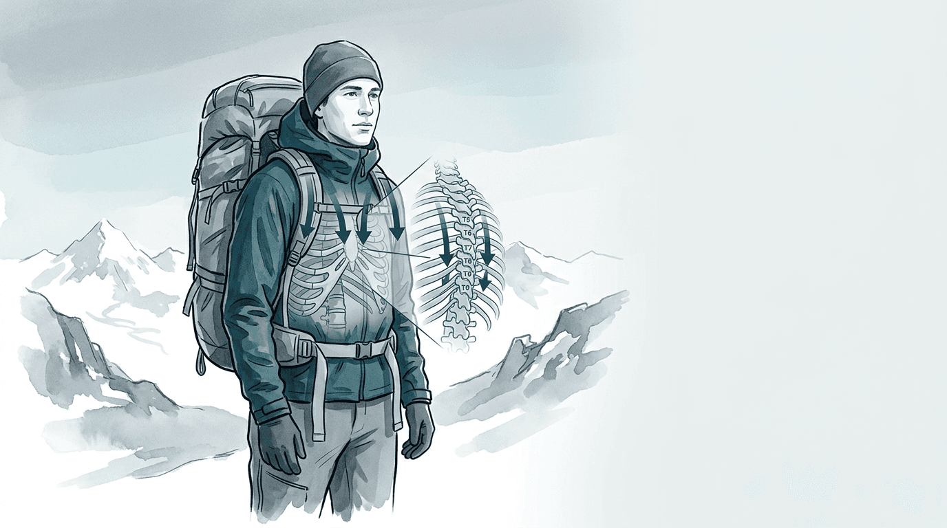 Illustrazione editoriale: dorsalgia da carico nell'alpinista d'alta quota, torace medio e zaino