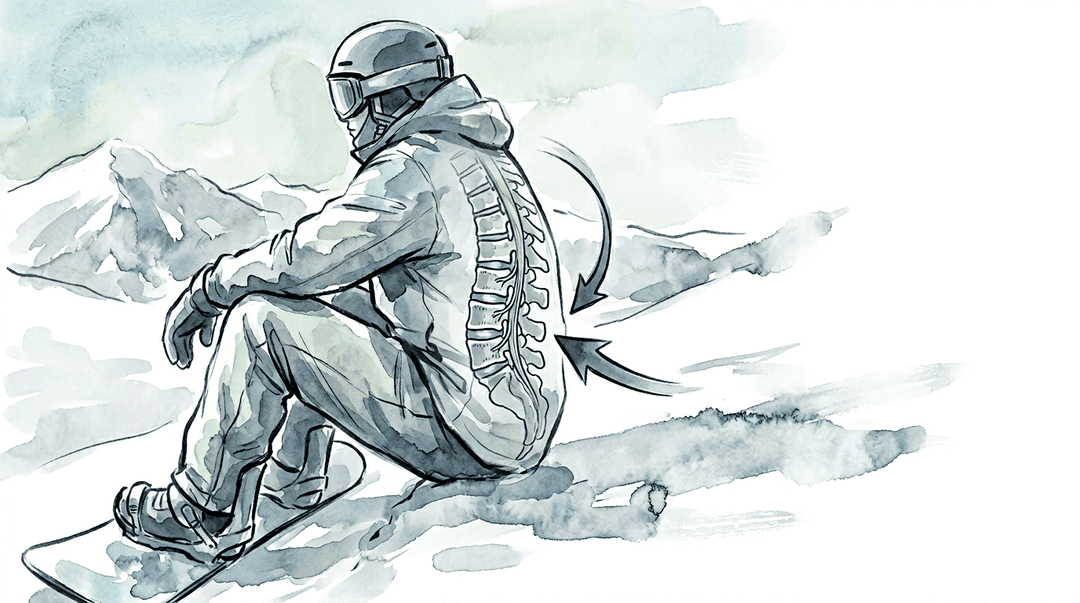 Illustrazione editoriale: lombalgia da impatto nello snowboarder freestyle, cerniera toraco-lombare