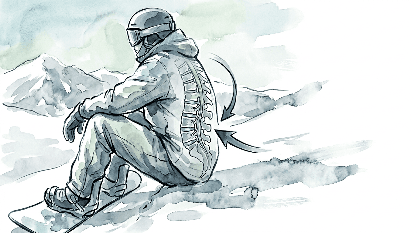 Illustrazione editoriale: lombalgia da impatto nello snowboarder freestyle, cerniera toraco-lombare