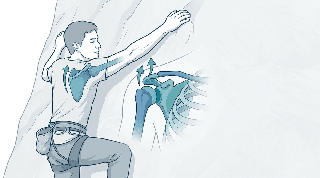 Illustrazione editoriale: conflitto subacromiale nell'arrampicatore sportivo, costa alta e cervicale