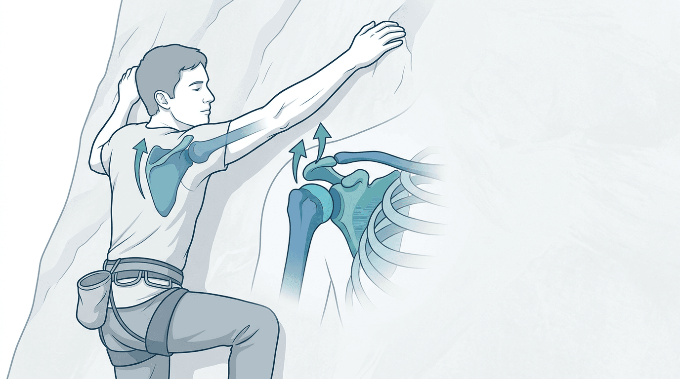 Illustrazione editoriale: conflitto subacromiale nell'arrampicatore sportivo, costa alta e cervicale