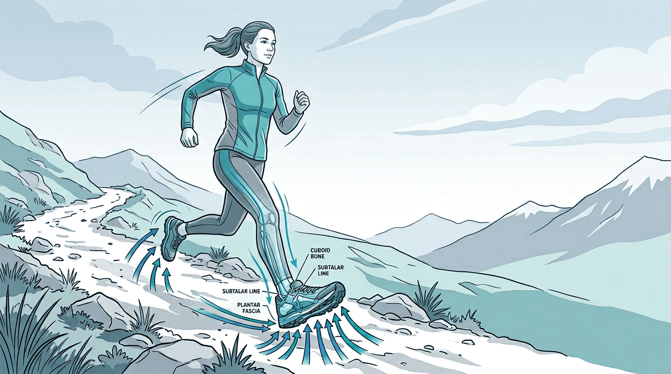 Illustrazione editoriale: fasciopatia plantare nel trail runner, cuboide e tibiotarsica