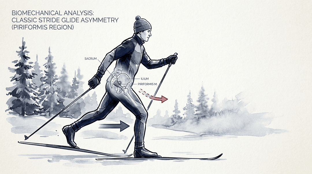 Illustrazione editoriale: sindrome del piriforme nello sciatore di fondo, sacro e ileo