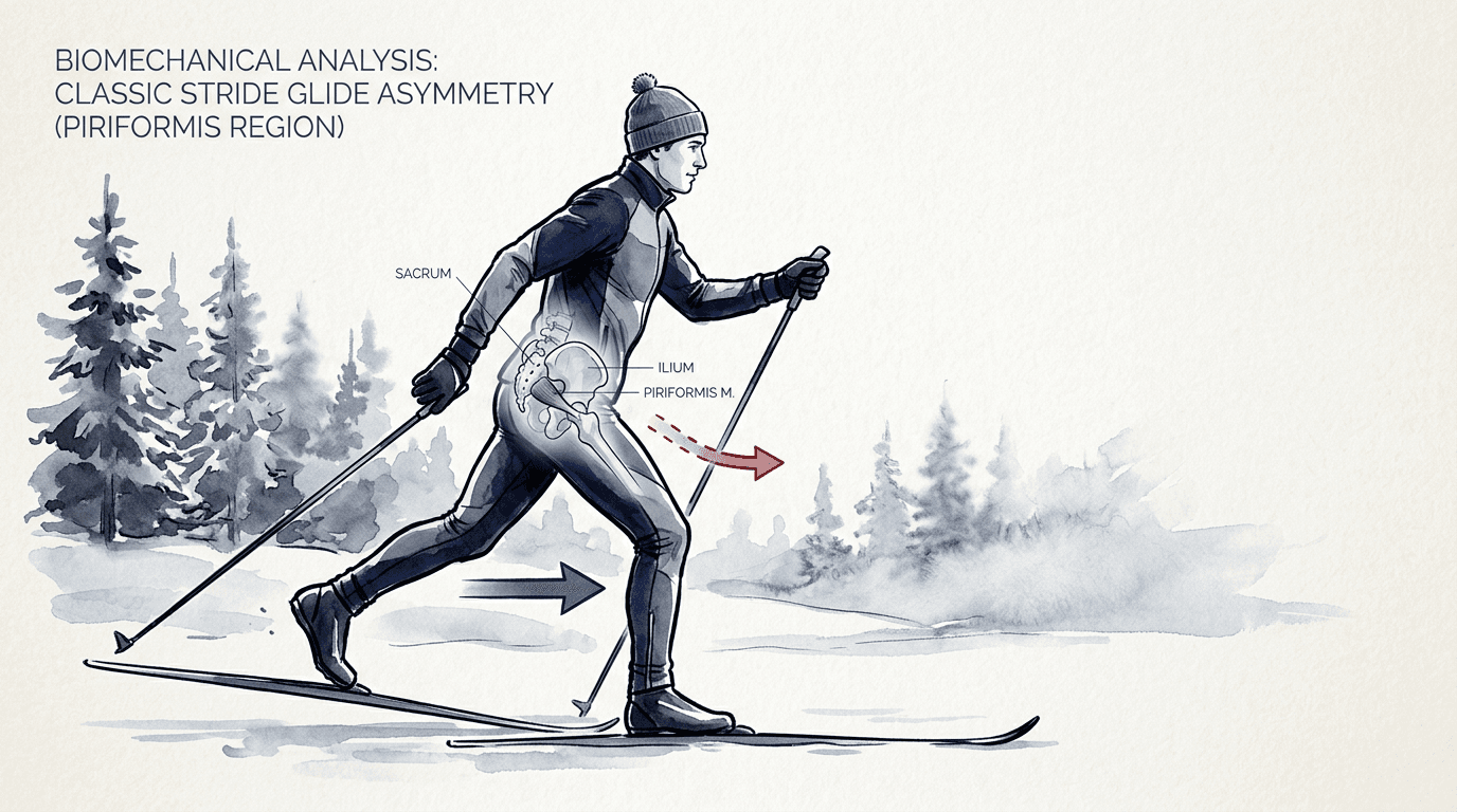 Illustrazione editoriale: sindrome del piriforme nello sciatore di fondo, sacro e ileo