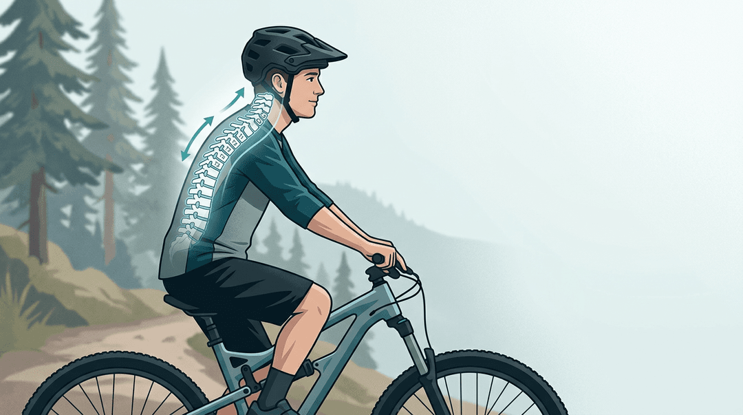 Illustrazione editoriale: cervicalgia posturale nel mountain biker enduro, cervicale media e dorsale alta
