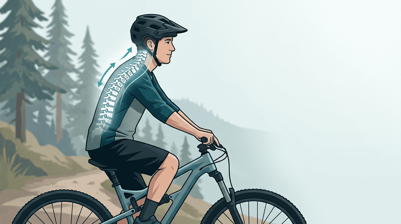 Illustrazione editoriale: cervicalgia posturale nel mountain biker enduro, cervicale media e dorsale alta