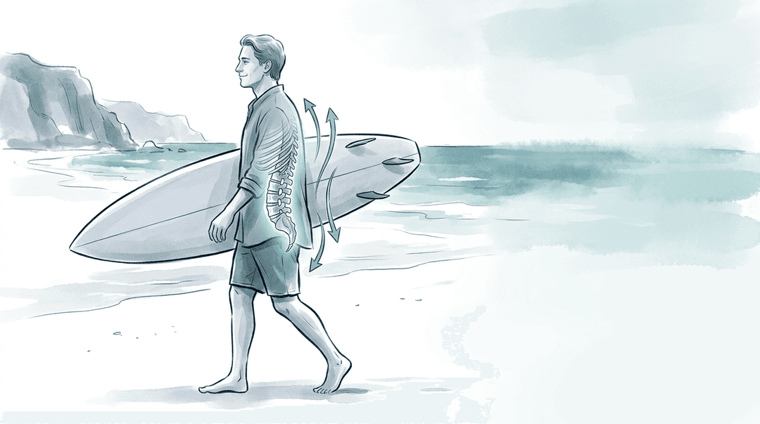 Illustrazione editoriale: lombalgia nel surfista, iperestensione e tratto costo-lombare