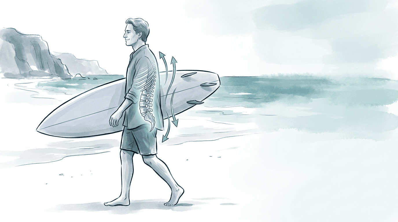 Illustrazione editoriale: lombalgia nel surfista, iperestensione e tratto costo-lombare