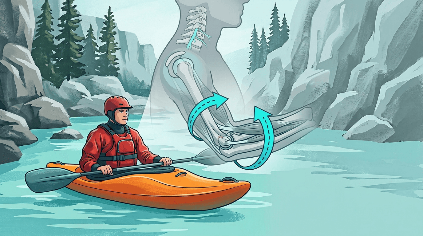 Illustrazione editoriale: epicondilalgia laterale nel kayakista di acque bianche, testa radiale