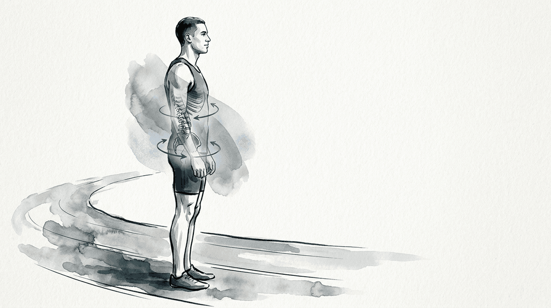 Illustrazione editoriale: calo di performance nel velocista, cerniera toraco-lombare e dissociazione tronco-bacino