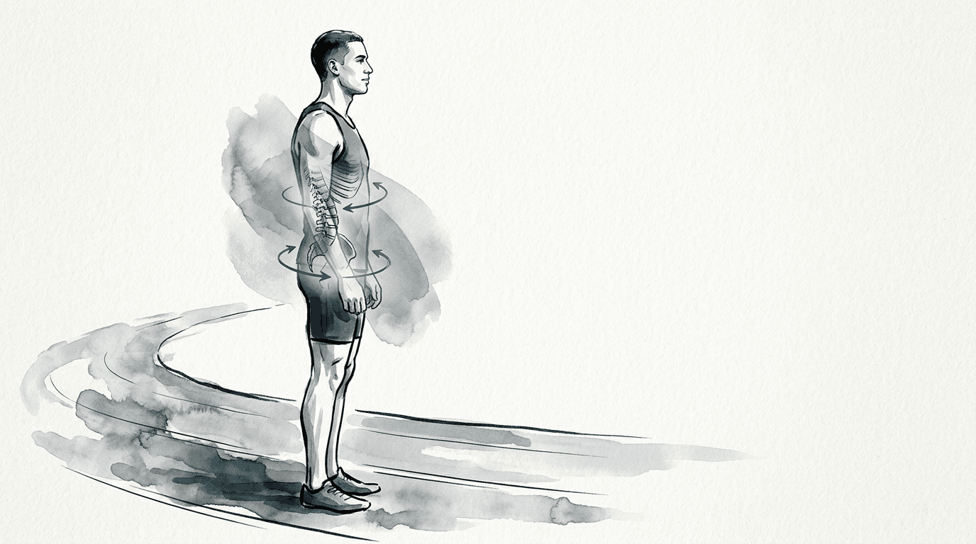 Illustrazione editoriale: calo di performance nel velocista, cerniera toraco-lombare e dissociazione tronco-bacino