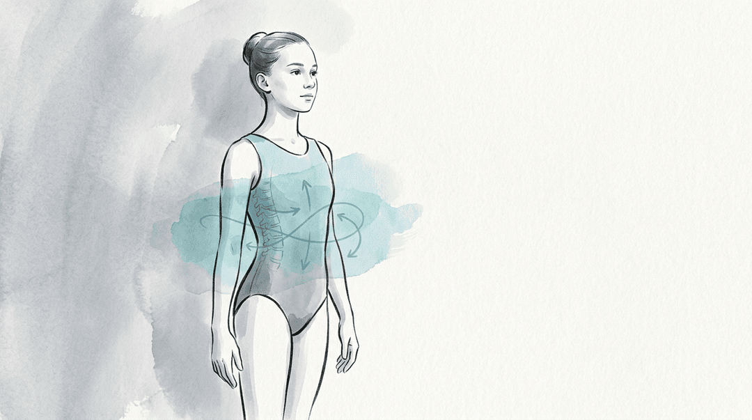 Illustrazione editoriale: dorsalgia nel ginnasta ipermobile, controllo motorio e carico