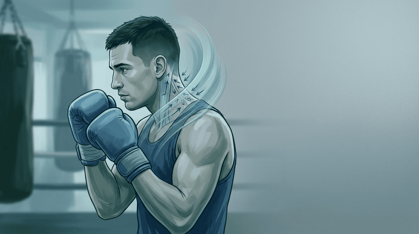 Illustrazione editoriale: cervicalgia post-traumatica ricorrente nel pugile e cerniera occipito-cervicale