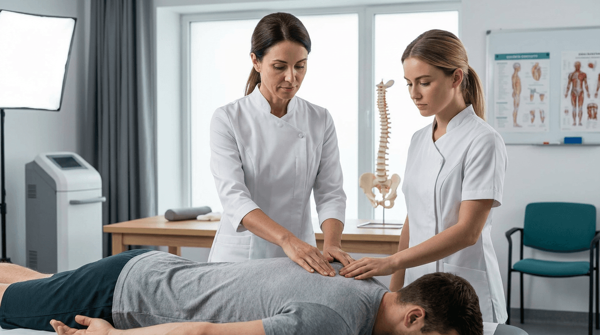 Docente e studentessa di osteopatia durante pratica clinica guidata
