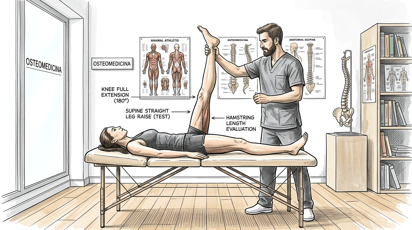Illustrazione: test di allungamento in decubito con arto inferiore elevato e ginocchio in estensione completa