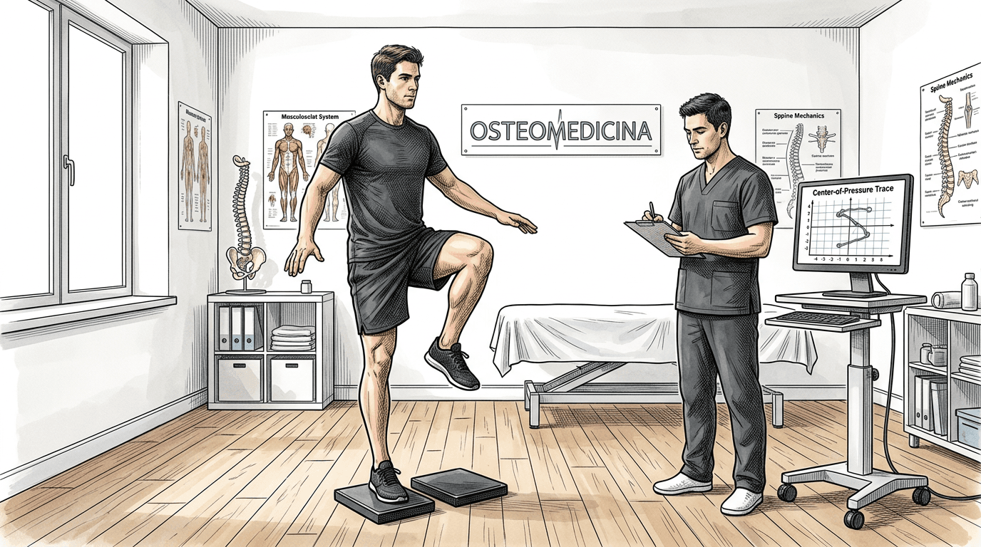 Illustrazione: osteopata durante test di stabilita' in monopodalismo con atleta