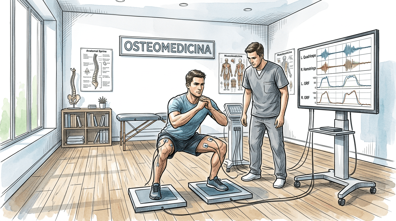 Illustrazione: squat su pedane di forza con rilevazione EMG e osteopata in studio Osteomedicina
