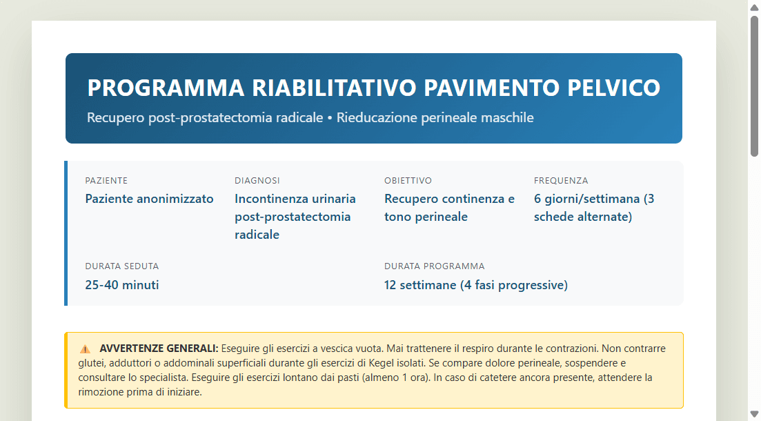 Frontespizio anonimizzato di un programma riabilitativo con dati del documento e overview