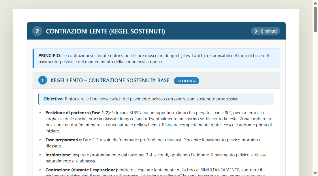 Screenshot anonimizzato di una scheda esercizi con istruzioni e parametri operativi