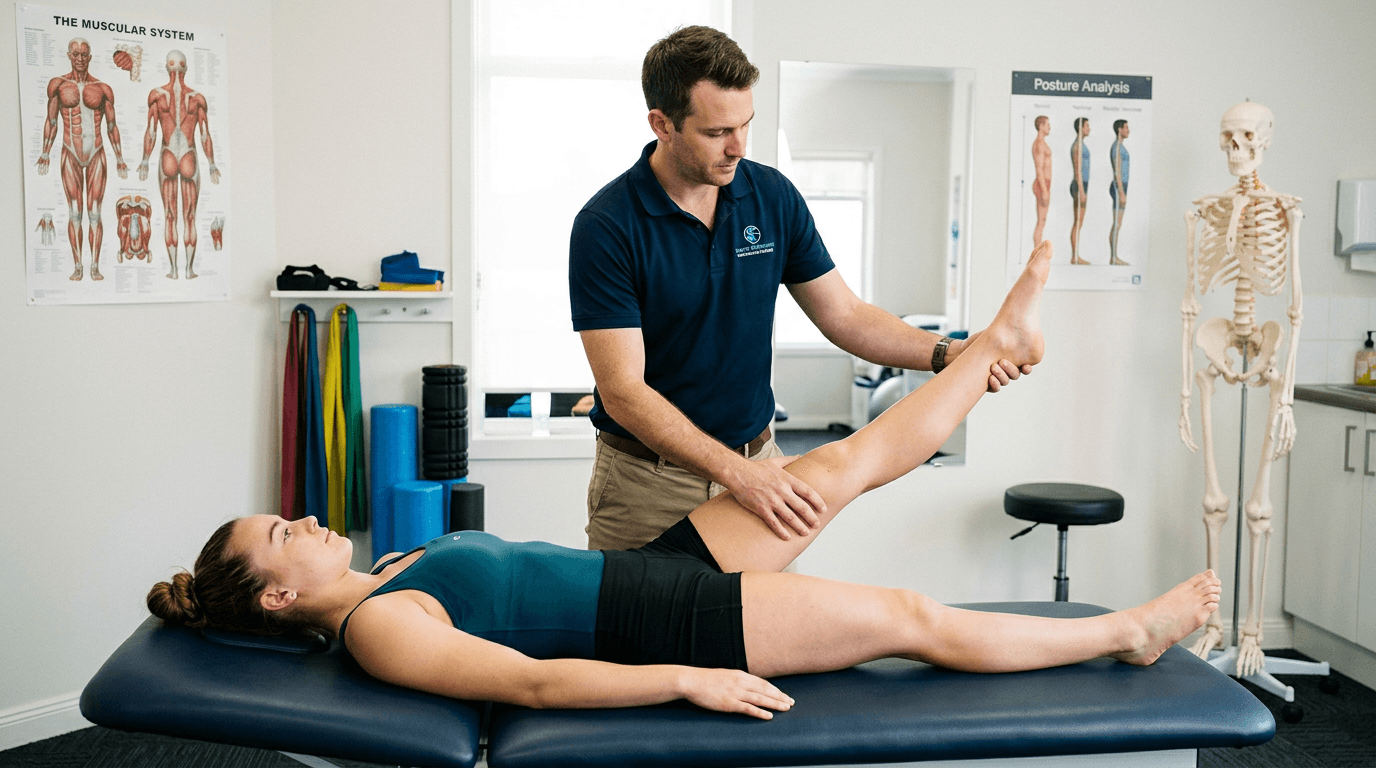 Osteopata uomo durante test di allungamento muscolare su atleta adulta in body