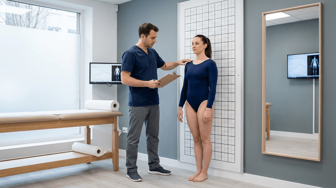 Osteopata uomo durante test posturale su ginnasta adulta in body