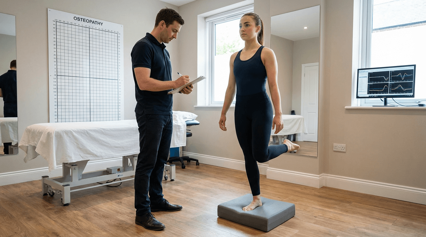 Osteopata uomo durante test di stabilita' su atleta adulta in body