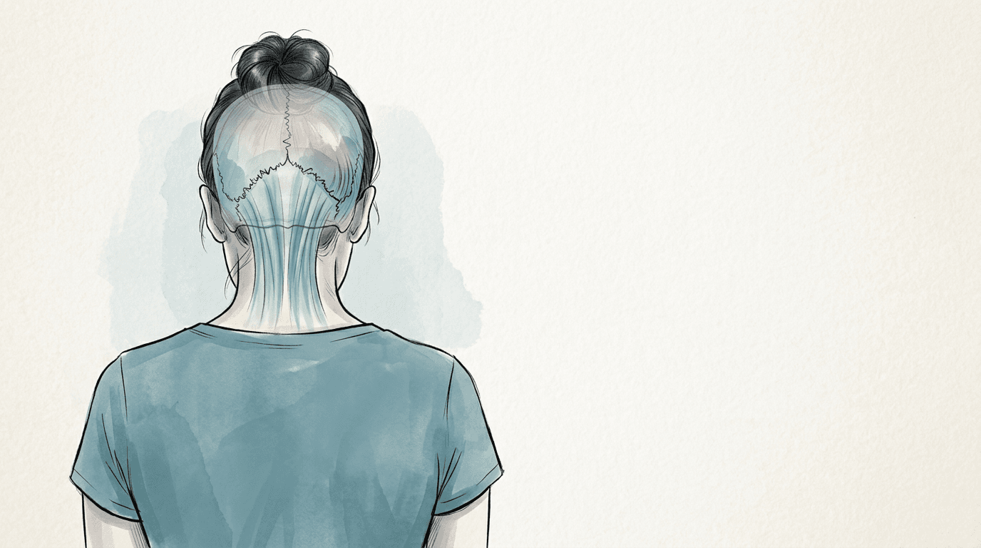 Illustrazione editoriale: cefalea occipitale, sutura lambdoidea unilaterale e tensione della falce posteriore