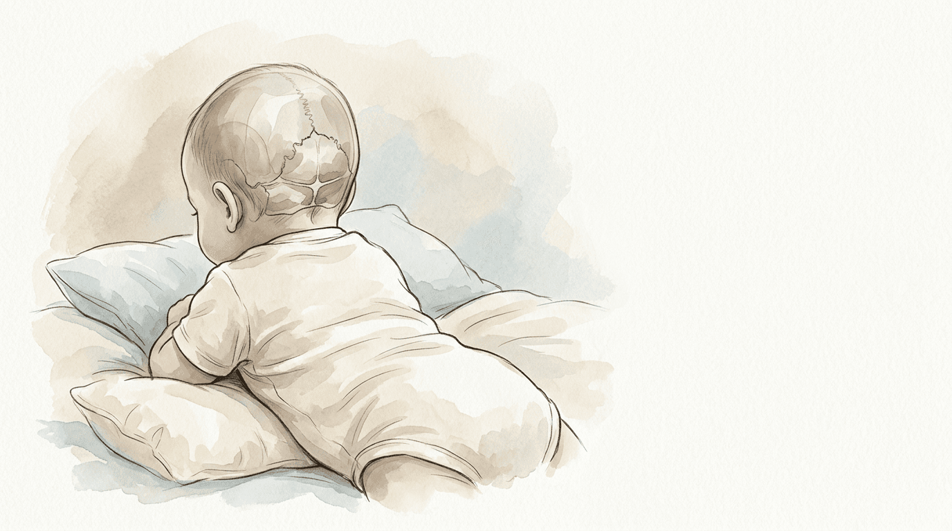 Illustrazione editoriale delicata: ritardo motorio nel lattante e asimmetria delle sincondrosi intra-occipitali