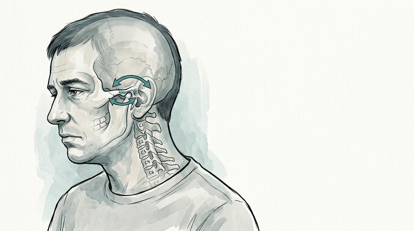 Illustrazione editoriale: cefalea cronica con componente cervicale e strain laterale sfeno-basilare