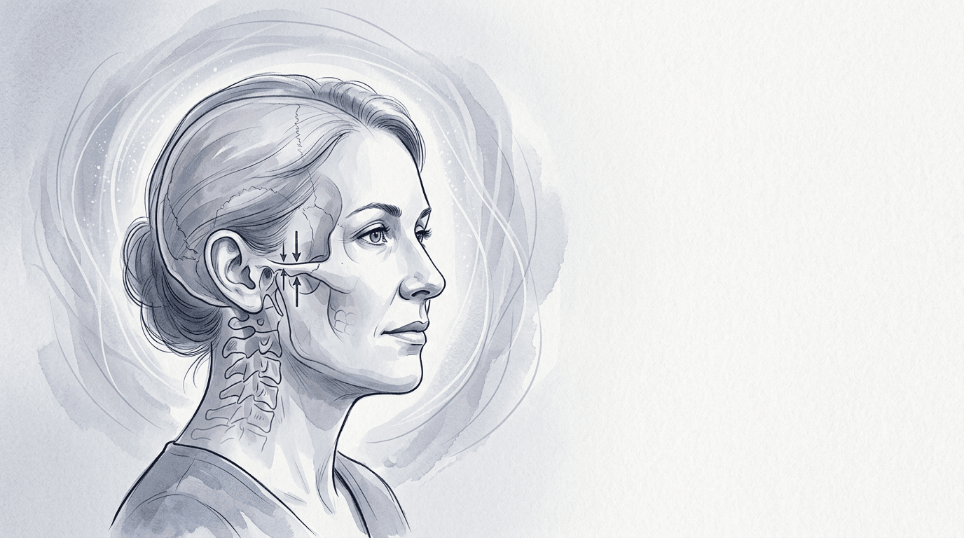 Illustrazione editoriale: emicrania con aura e strain verticale della sincondrosi sfeno-basilare