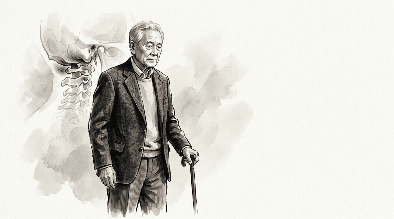 Illustrazione editoriale: equilibrio posturale nell'anziano, restrizione condilare e rigidita cervicale alta