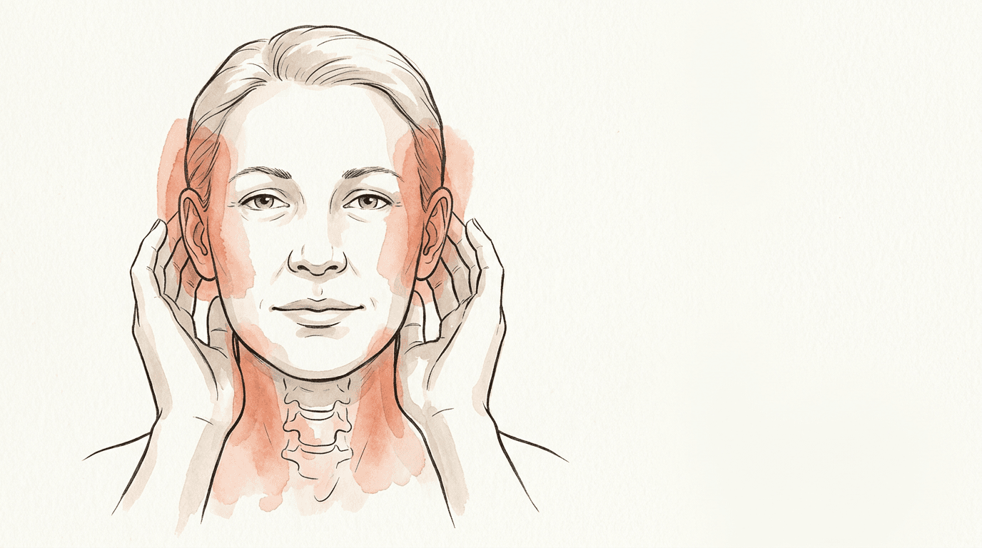 Illustrazione editoriale: acufene bilaterale, tensione cervicale cronica e restrizione temporo-occipitale bilaterale