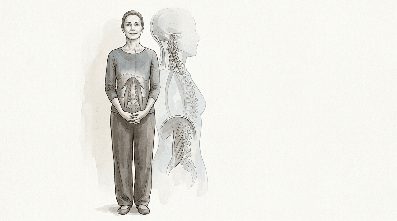 Illustrazione editoriale: emicrania con catena anteriore e tensione diaframmatica-psoas-craniale