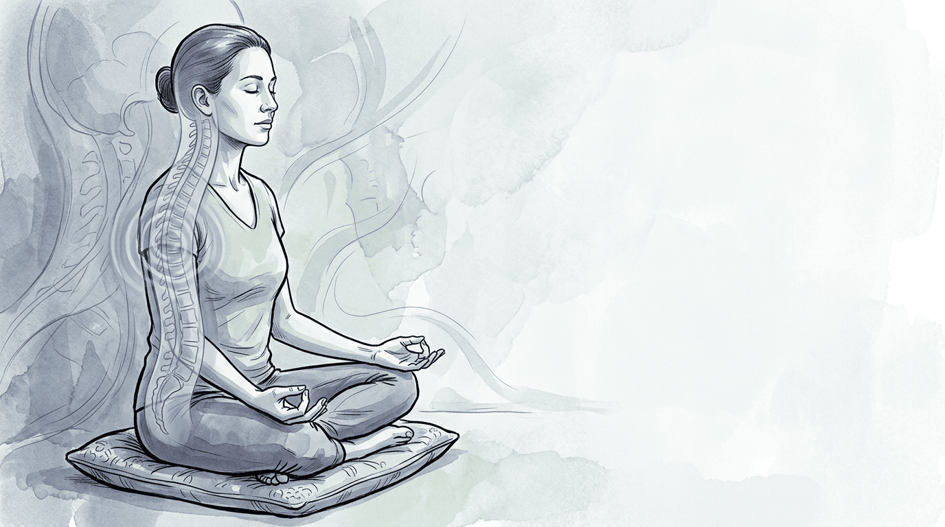 Illustrazione editoriale: affaticamento mentale cronico, ridotta mobilita dell'asse cranio-sacrale e chiusura autonomica