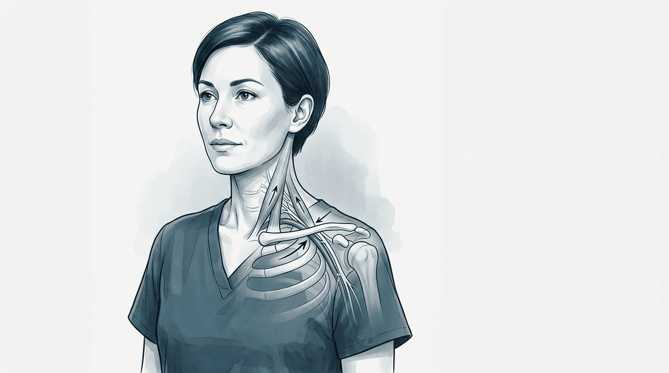 Illustrazione editoriale: cervico-brachialgia, stretto toraco-cervicale, respirazione alta e prima costa