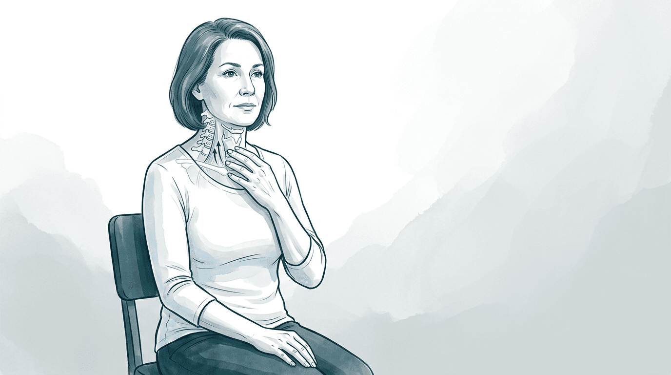 Illustrazione editoriale: disfunzione cervicale alta con disagio deglutitorio e tensione della fascia cervicale anteriore