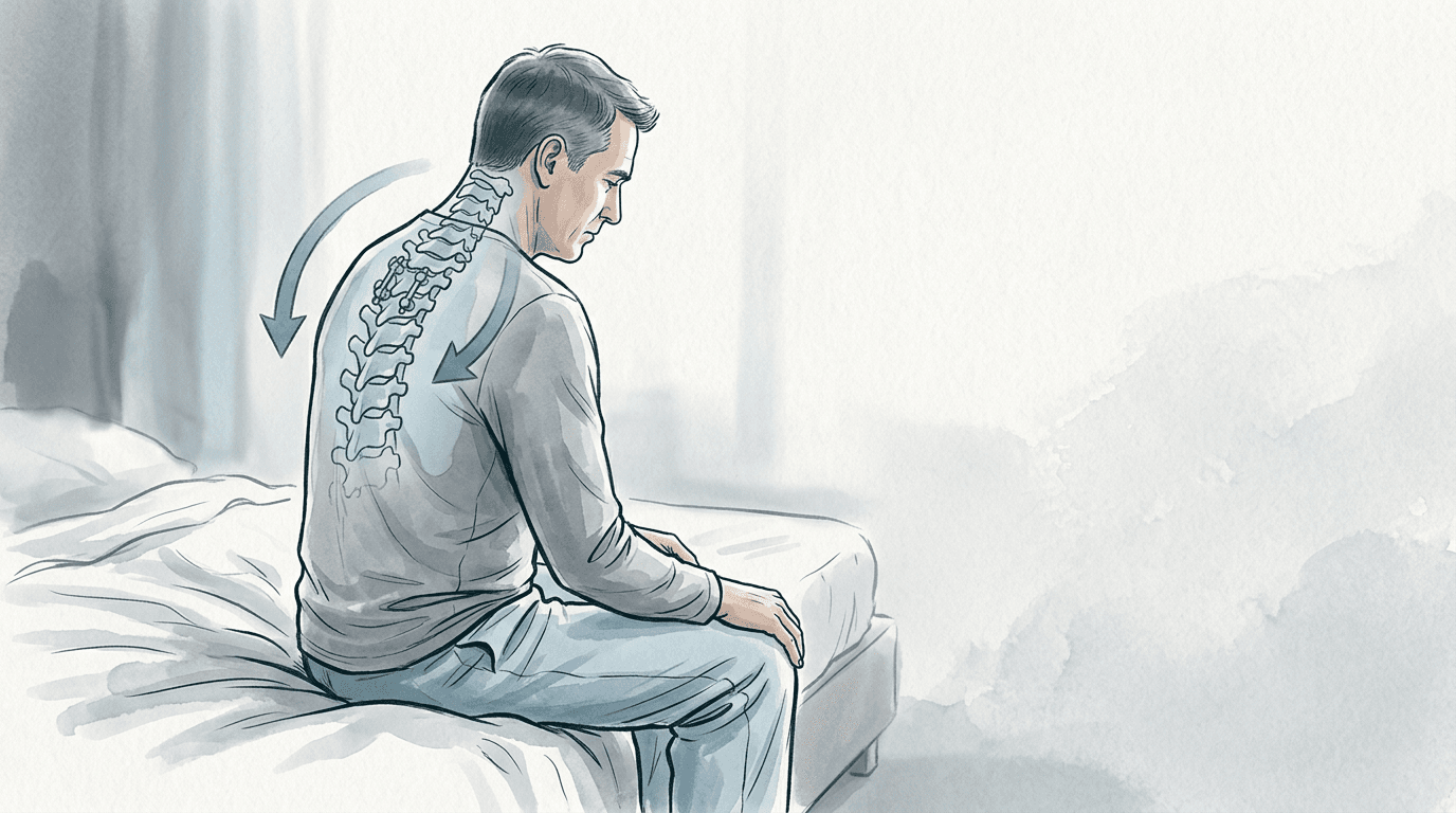 Illustrazione editoriale: rigidità mattutina cervicale cronica con pattern di fissazione bilaterale